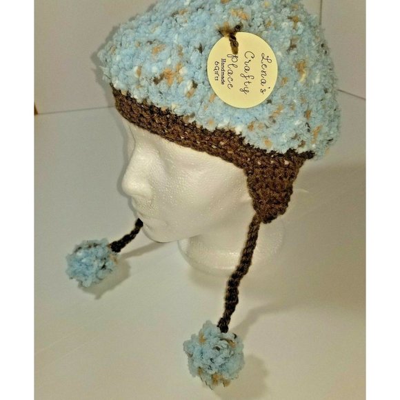 Toddler Child Lt Blue Brown Handmade Knitted Crochet Pom Pom Earflap Bomber Hat - Picture 2 of 9